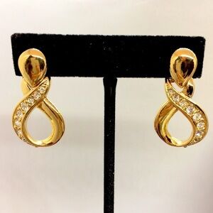 VINTAGE 80S AVON GOLD TONE RHINESTONE KNOT BOW HOOP EARRINGS
